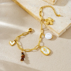 Golden stainless steel charm bracelet with heart, pearl and tiger eye stone pendants