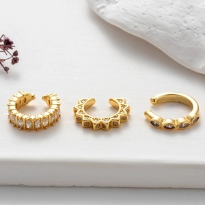 Three-piece gold plated ear cuff set with micro-pave marquise and round cubic zirconia