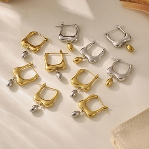 Minimalist stainless steel geometric drop earrings with metallic beads in mixed two-tone colors