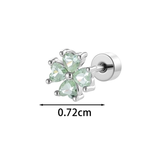 Minimalist clover stud earring with mint green heart zircons and flat back screw