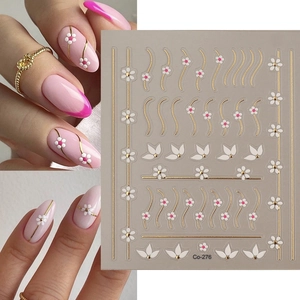 Nail Art Stickers Embossed White Daisy Golden Lines Self Adhesive Waterproof Elegant Floral Manicure Decals For Women