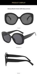 Three-angle view of large oval sunglasses with thick black frames and gray lenses