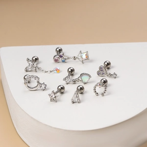 Assorted stainless steel stud earrings with heart butterfly and zircon accents