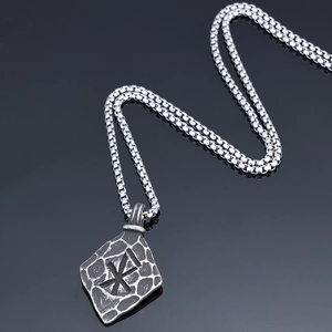 Viking rune pendant necklace made of stainless steel with a silver-tone hammered finish