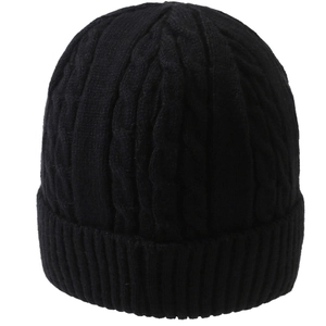 Classic black cable knit beanie with thick thermal lining and cuffed edge for winter warmth
