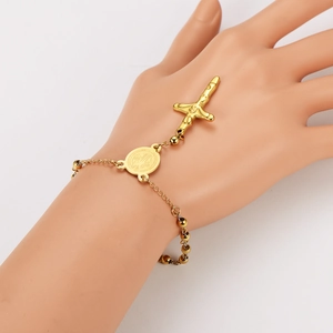 18k gold plated stainless steel rosary bracelet with cross and Saint Benedict medals