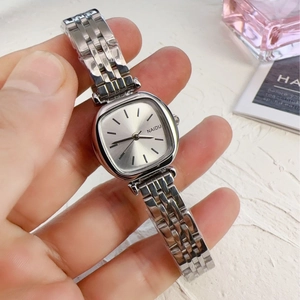 Minimalist square women's quartz watch with silver sunray dial and stainless steel band