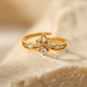 French style 18K gold titanium steel ring with inlaid zircons on a natural rock