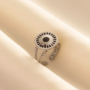 Vintage 304 stainless steel double layer ring with black enamel center in 18k gold plating