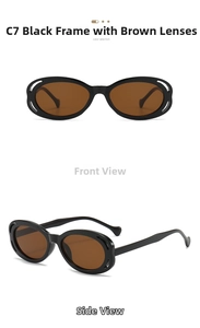 Oval sunglasses in black frame with tea lenses and hollow temple detail side view