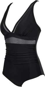 Detail view of black one-piece swimsuit featuring mesh panels and ruched tummy control