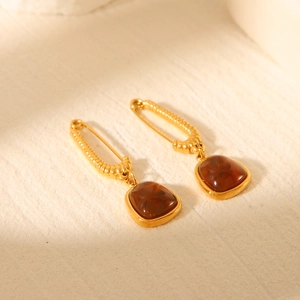 French vintage style 18k gold stainless steel earrings with amber stone pendants