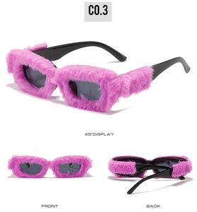 Detail shots of Y2K style sunglasses with pink faux fur square frames and black temples