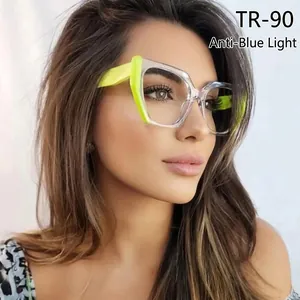 Fluorescent green and transparent TR90 cat eye frame glasses with anti-blue light lenses