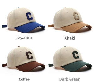 Four color options of retro baseball caps featuring letter C embroidery in a grid layout