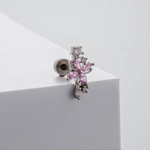 Titanium steel flower stud earring with pink marquise zircon and clear stone accents