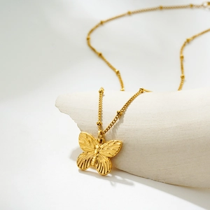 18K gold plated stainless steel butterfly pendant necklace with elegant beaded chain jewelry