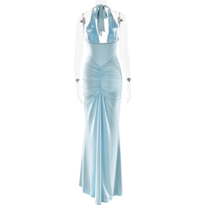 Detail view of the light blue backless maxi dress with elegant pleats and halter neck ties
