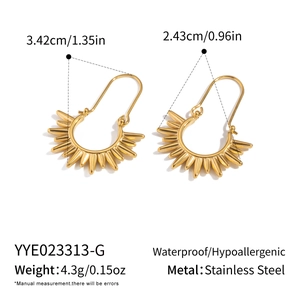 Detail showing dimensions of golden stainless steel sunburst spike earrings with measurements