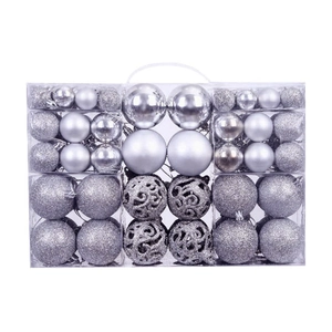 Silver Christmas ball ornaments set with matte and glitter finishes in clear packaging box