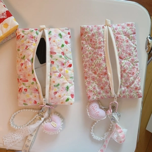 Lot de trousses à maquillage matelassées fleuries roses avec perles et dentelle