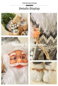 Detail show of Santa figure featuring knitted sweater, white beard, and gift burlap bag