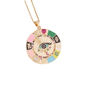 Evil eye gold pendant necklace with zodiac symbols, red heart gem and colorful rhinestones
