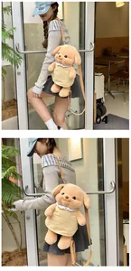 Detail of cute plush dog backpack with yellow lace dress and adjustable brown straps