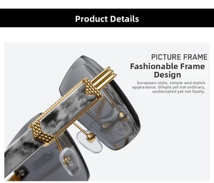 Macro detail of rimless sunglasses hinge with gold woven texture and marble accent