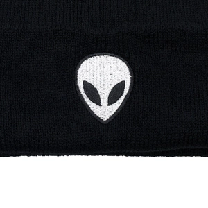 Black knitted beanie hat with white alien embroidery for men and women in winter