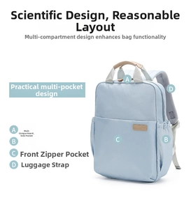 Detail of light blue laptop backpack showing luggage strap and functional compartments