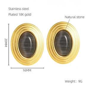 Detail view of 18K gold plated stainless steel oval earrings with natural stone inlay