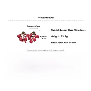 Detail showing dimensions 9x6.5cm and red petal earring specs with silver pins
