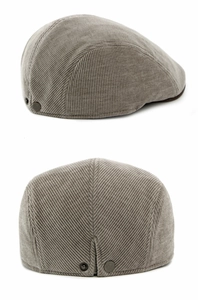 Detail view of light grey corduroy beret hat with fine stripes and metal decorative buttons