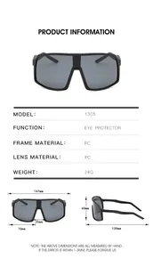 Size chart showing dimensions and PC material specifications for sports cycling sunglasses