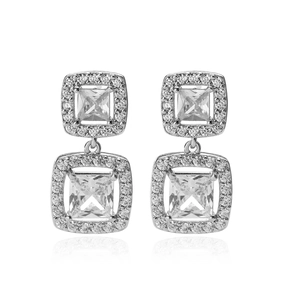 Detail view of double-layer square dangle earrings with crystals and silver finish