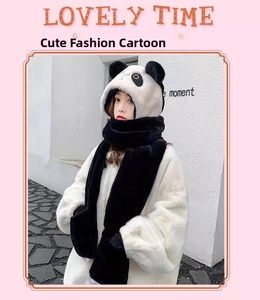Detailed view of the thick panda faux fur 3-in-1 hat with integrated scarf and mittens