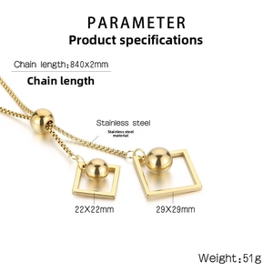 Detailed specs of long stainless steel necklace with geometric rhombus and bead chain