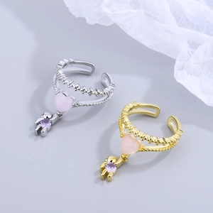 Anello a doppio strato con cuore rosa e orsetto viola in argento S925 regolabile