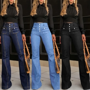 Dames High Waist Flare Jeans Retro Knoopsluiting Afslankende Denim Broeken Effen Kleur Patchwork Casual Woon-werkverkeer