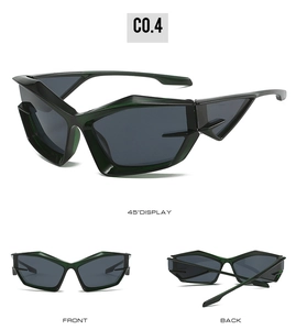 Three perspectives of cat eye sunglasses showing front, back, and 45-degree angled views