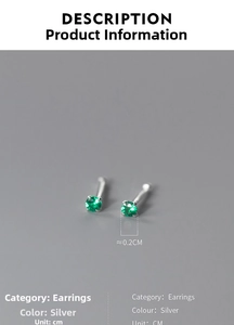 Detail of 999 silver four-claw stud earrings with 0.2cm green gemstone setting