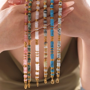 Natural stone bead bracelets in various colors with 18k gold plated stainless steel accents