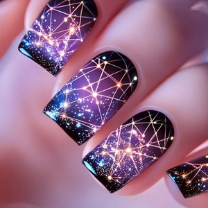 Galaxy Starry Sky Press On Nails Purple Blue Gradient Gold Constellation Geometric Pattern Square Shape ABS Glossy For Women