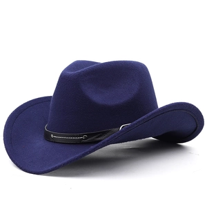 Classic dark blue wool felt cowboy hat with black leather belt and silver rivet accents