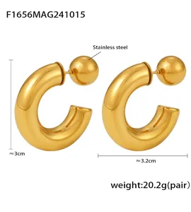Dettagli di orecchini a C in acciaio inossidabile placcato oro 18K con sfera in acciaio