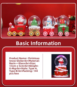 Close-up of a 7.5cm Christmas crystal ball and red train figurine with Santa Claus details