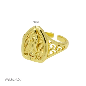 Detailed dimensions of religious Virgin Mary heart ring showing 16mm height and 4.0g weight