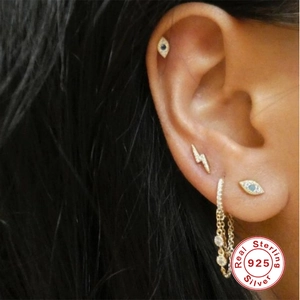 S925 sterling silver earring set with cubic zirconia evil eye and lightning bolt charms
