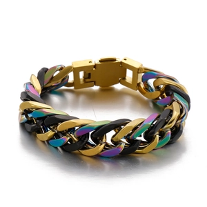Men's titanium steel Cuban chain bracelet in gold, black and iridescent multicolor finish